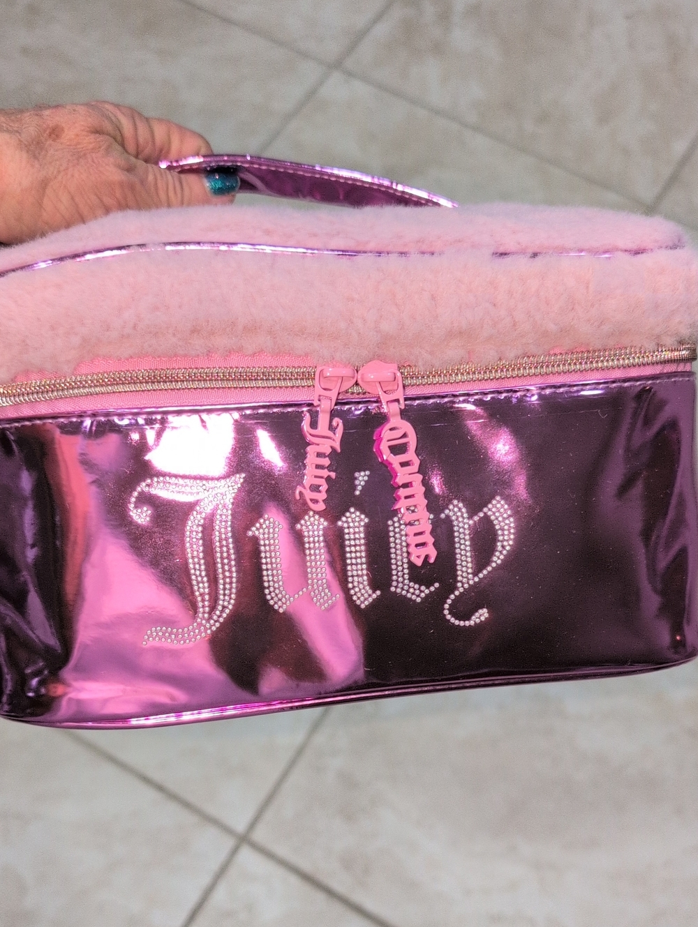 Juicy Couture Pink Rhinestones Faux Fur Cosmetic Makeup Bag with Travel Bottle